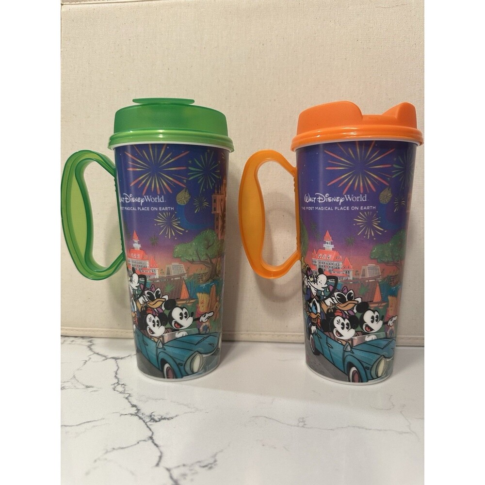 2 Walt Disney World Cups Resort Covered Refillable Mugs Mickey & Friends 4 Parks